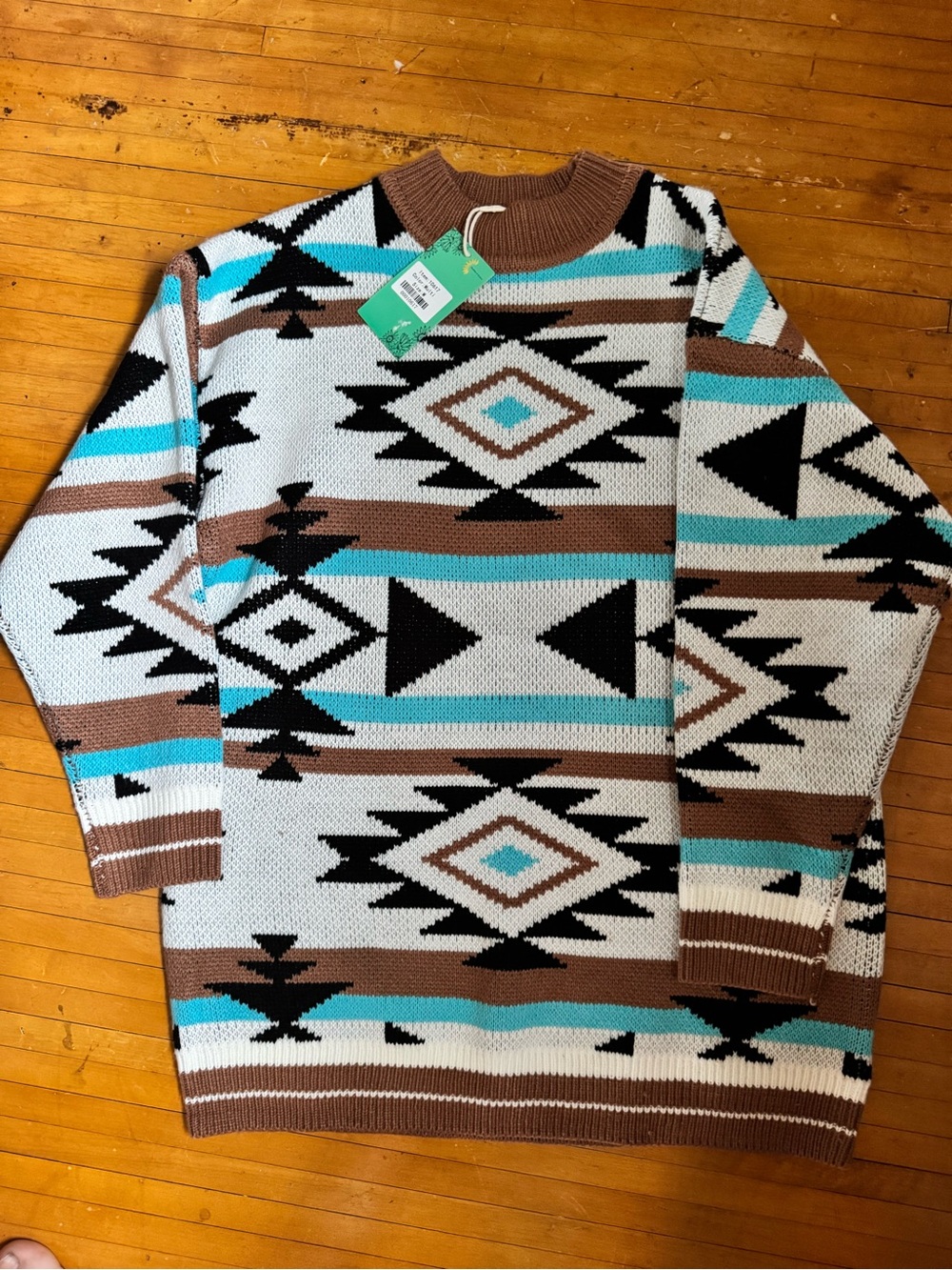 Men's Aztec Pattern Crewneck Sweater in Brown, Turquoise & Black